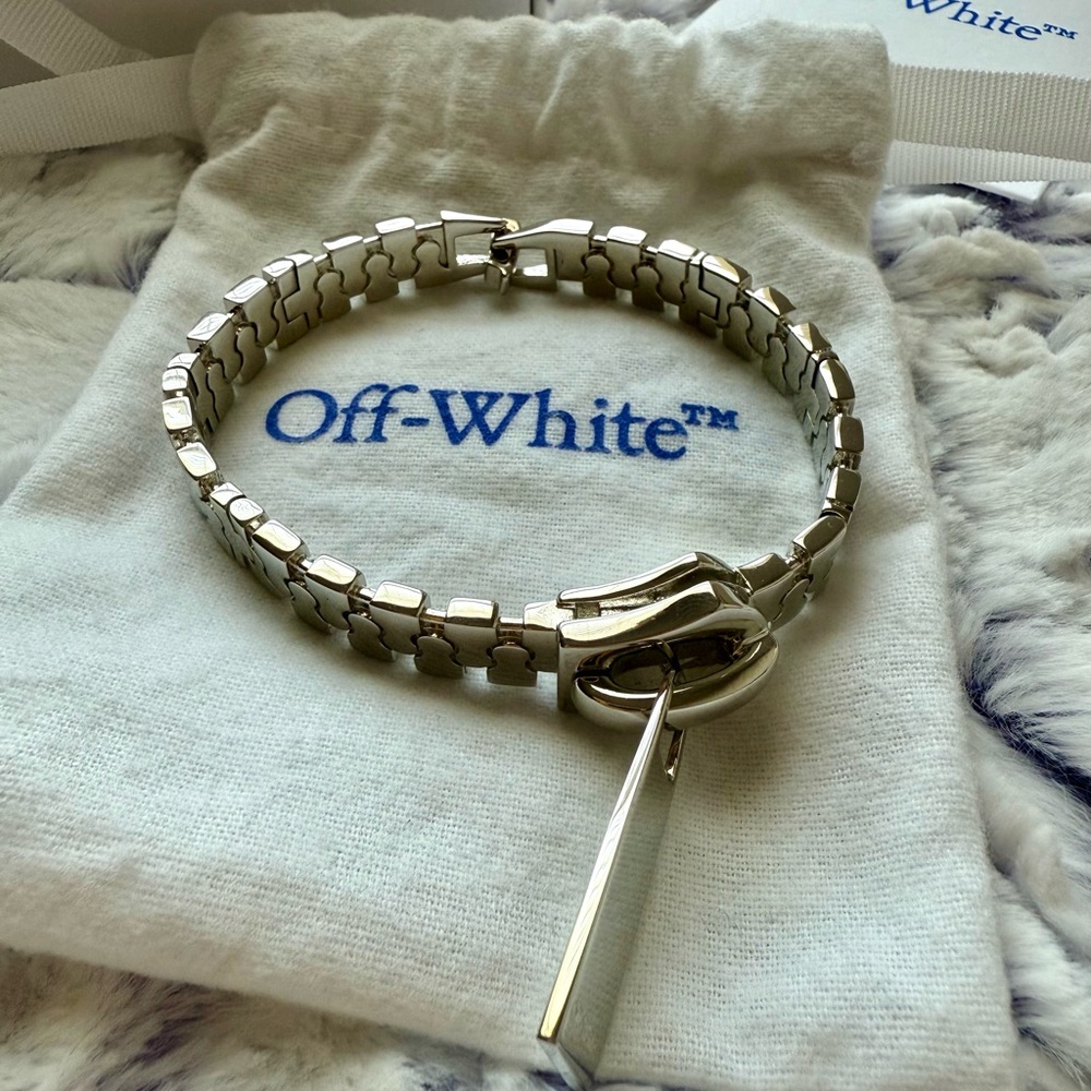 *NEW* OFF-WHITE silver zipper logo engraved curb link bracelet - 7 ¾”